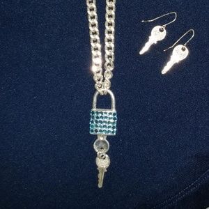 Blue Rhinestone Silver Locket W/ Earrings